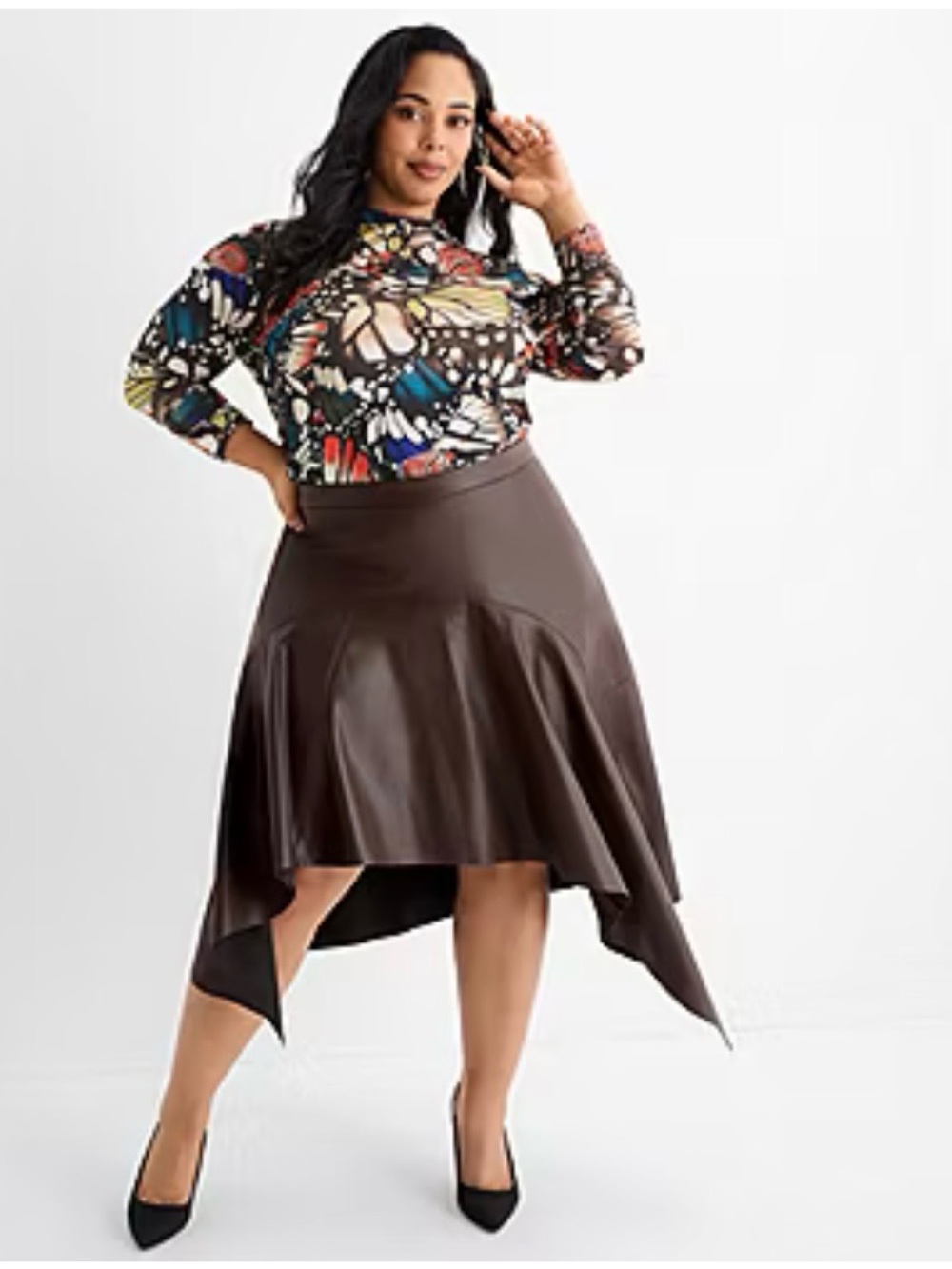 Ashley Graham Brown Asymmetrical Faux-Leather Midi Skirt